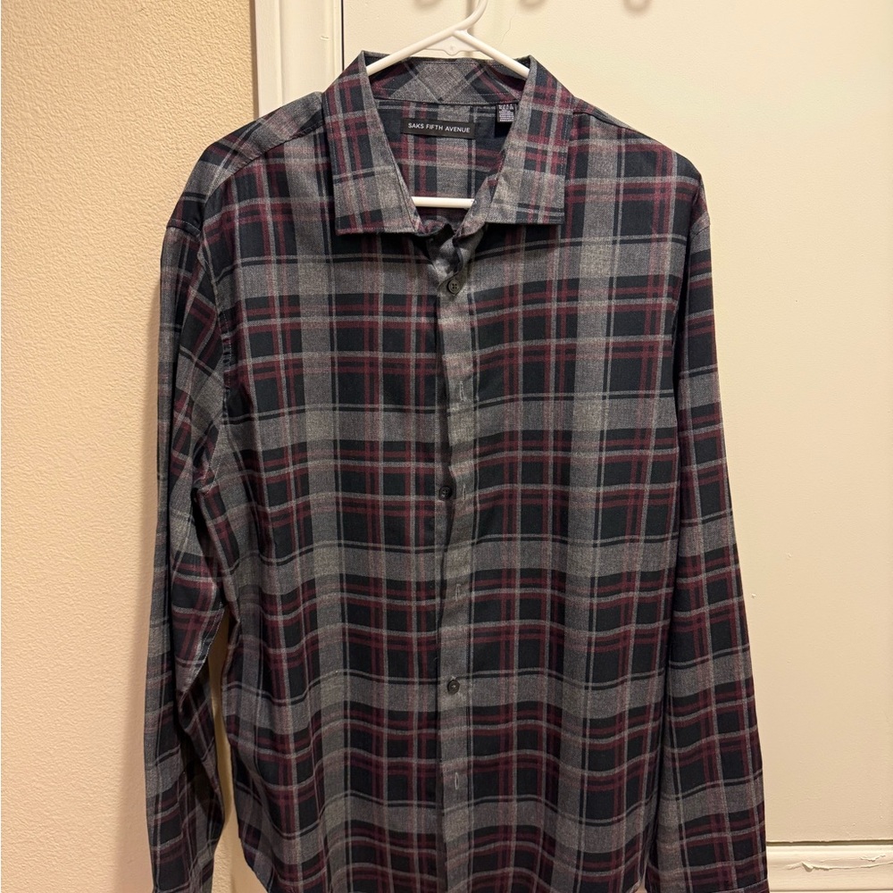 Saks Fifth Avenue Gray and Red Plaid Shirt